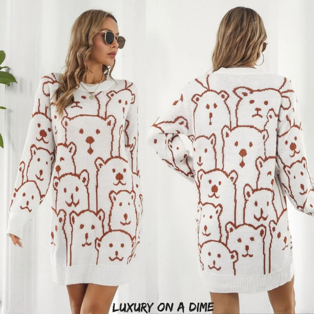 Polar Bear Round Neck Cozy Knit Long Sleeve Oversized Mini Sweater Dress White - Picture 2 of 11